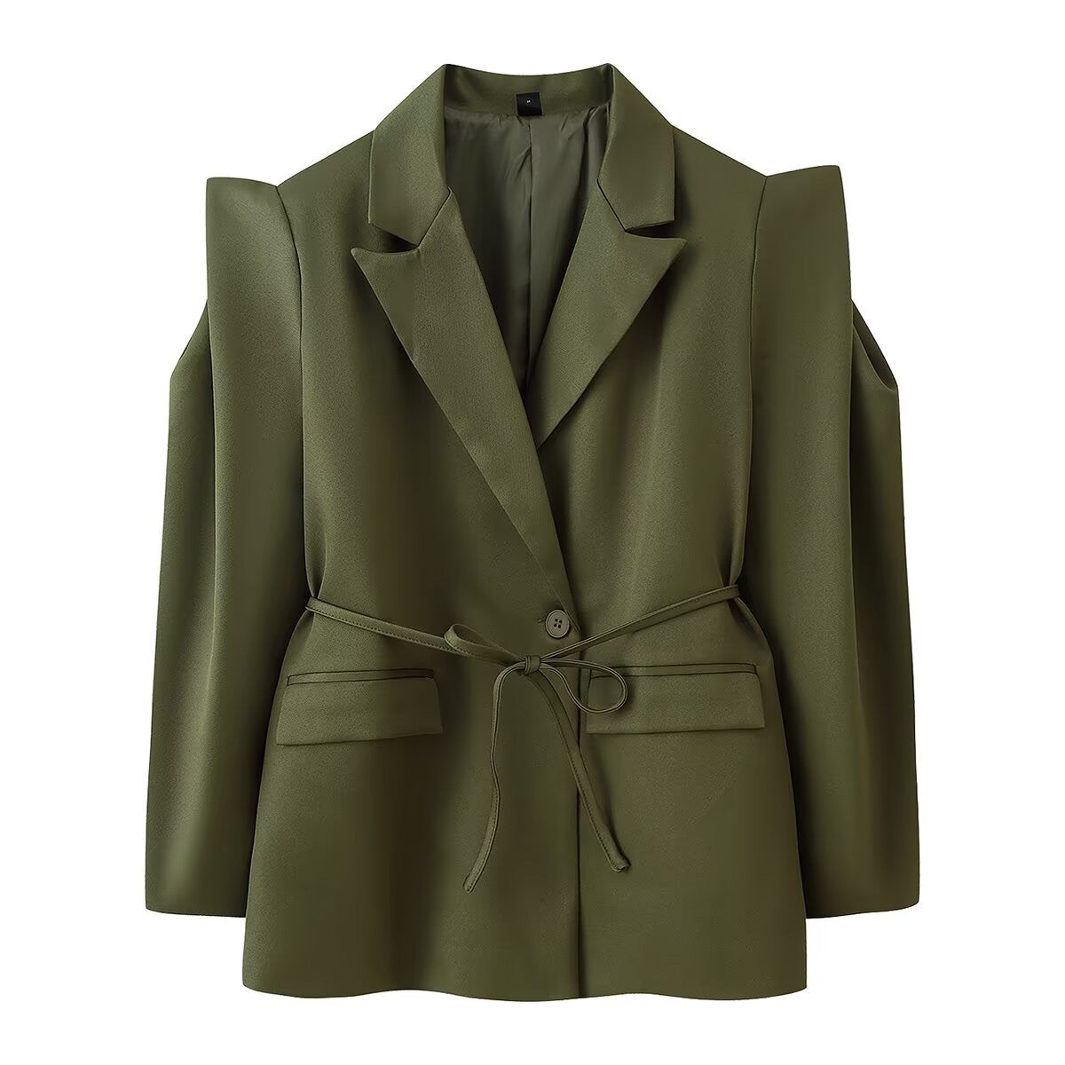 Women's blazer with shoulder cutouts, belted waist and single button closure Shop Velvia