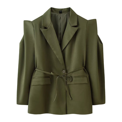 Women's blazer with shoulder cutouts, belted waist and single button closure Shop Velvia