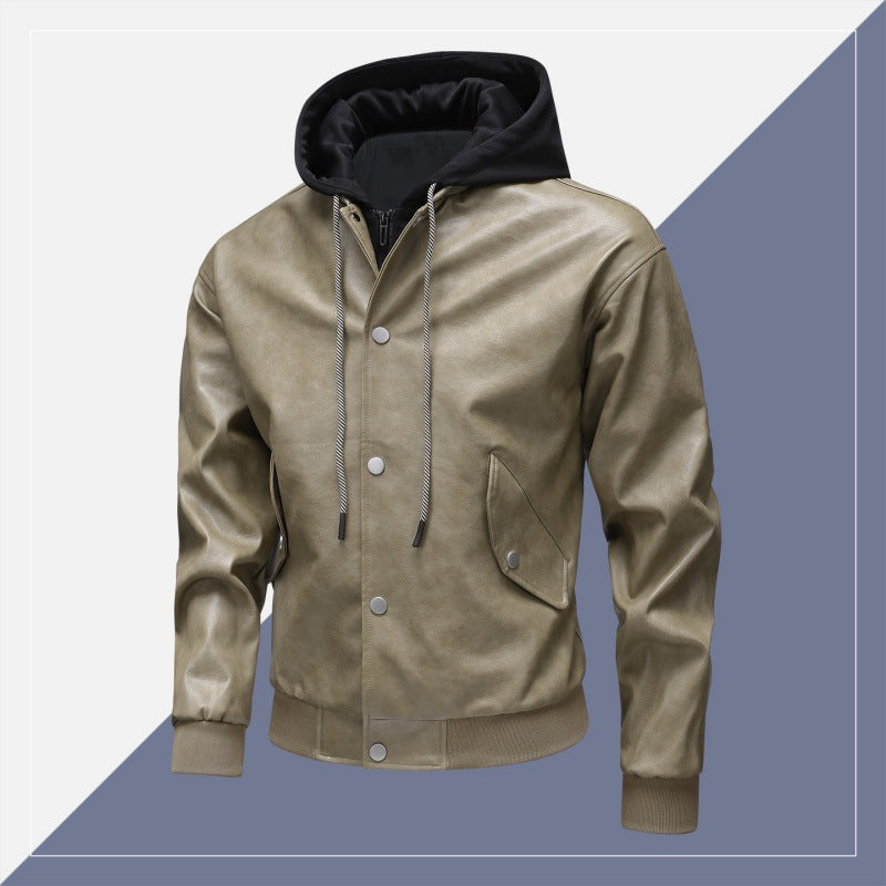 Men's leather bomber jacket with integrated hood insert and ribbed cuffs Shop Velvia