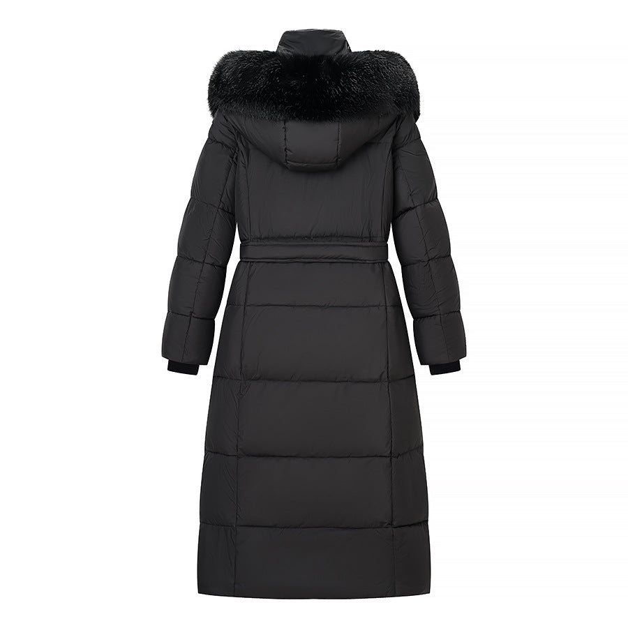 Women's Long Quilted Coat with Waist Belt, Hood and Faux Fur Trim Shop Velvia