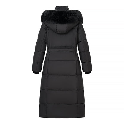 Women's Long Quilted Coat with Waist Belt, Hood and Faux Fur Trim Shop Velvia