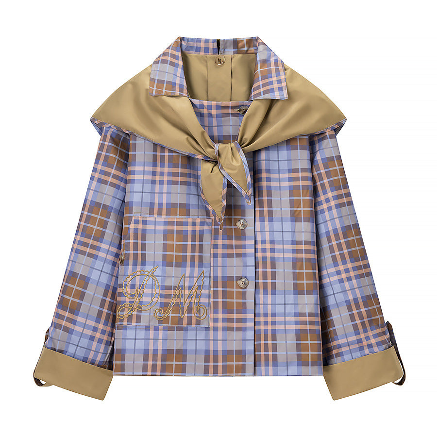 Women's short jacket with sailor collar and checked lining with tie scarf Shop Velvia