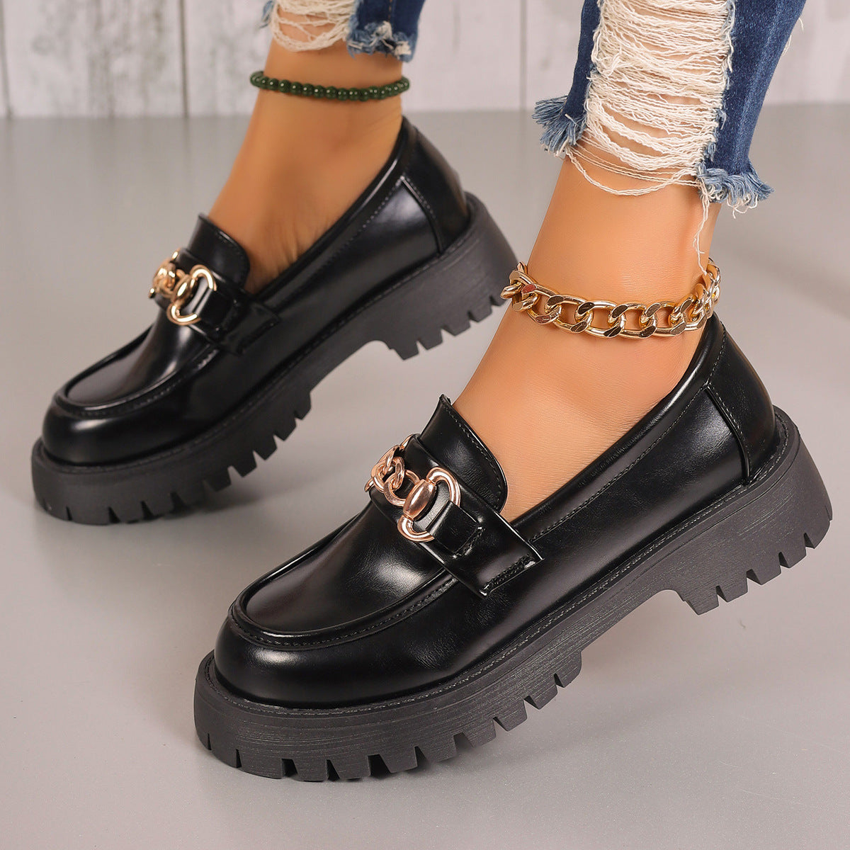 Women Chunky Platform Loafer with Metal Chain Detail and Profiled Rubber Sole Shop Velvia