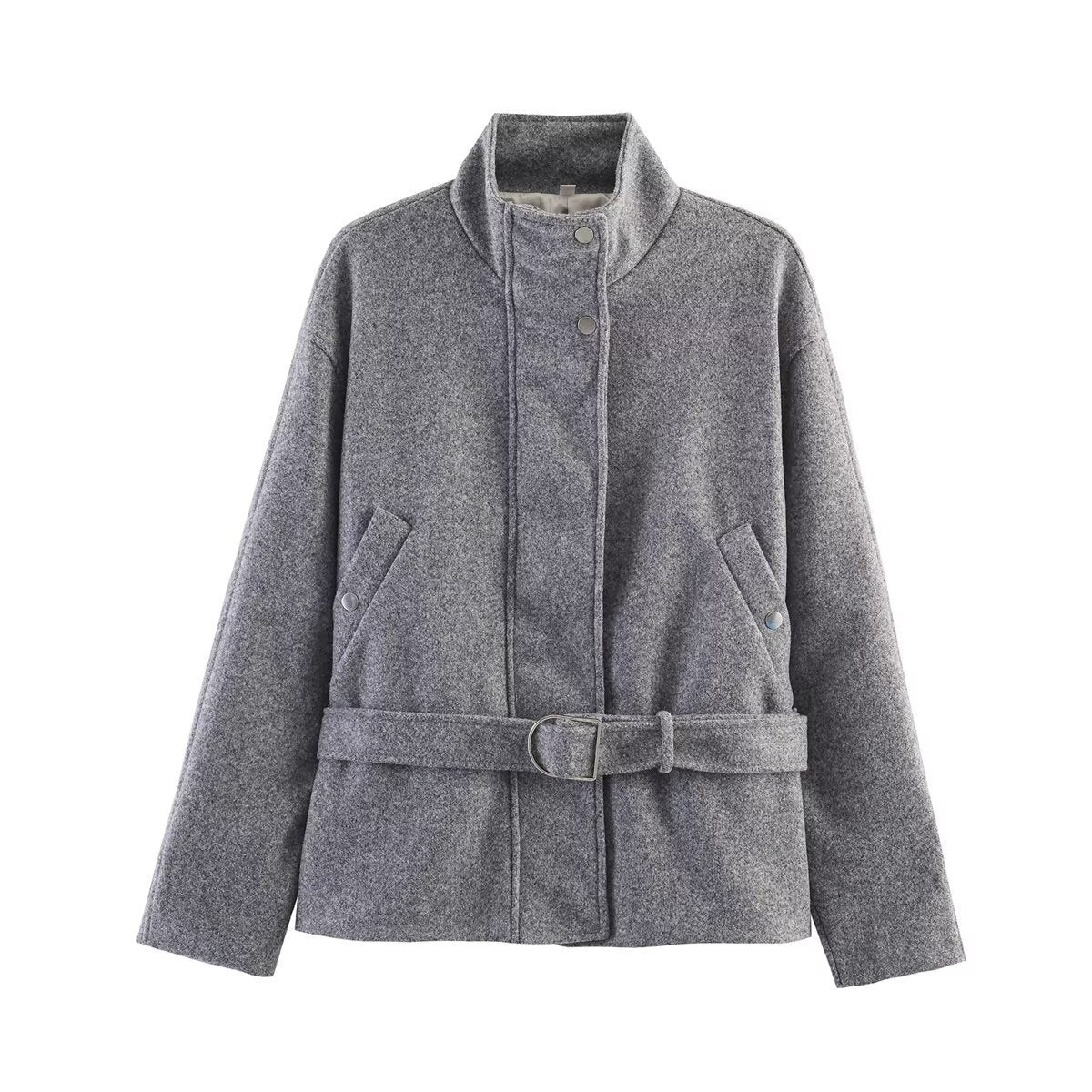 Women's Boxy Wool Jacket with Stand-Up Collar, Concealed Snap Button Placket and D-Ring Waist Belt Shop Velvia