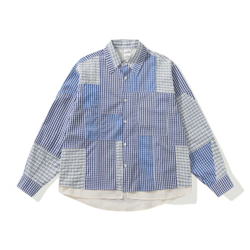 Unisex Oversized Patchwork Overshirt made of lightweight cotton blend with checkered design and shirt collar Shop Velvia