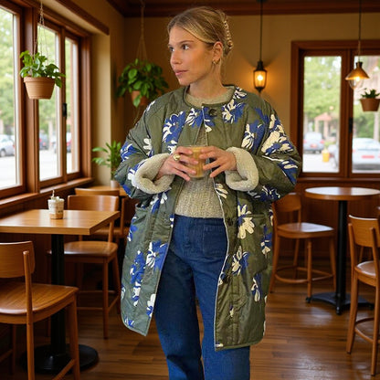Women's Longline Quilted Coat with Floral Print, Teddy Lining and Oversized Silhouette Shop Velvia