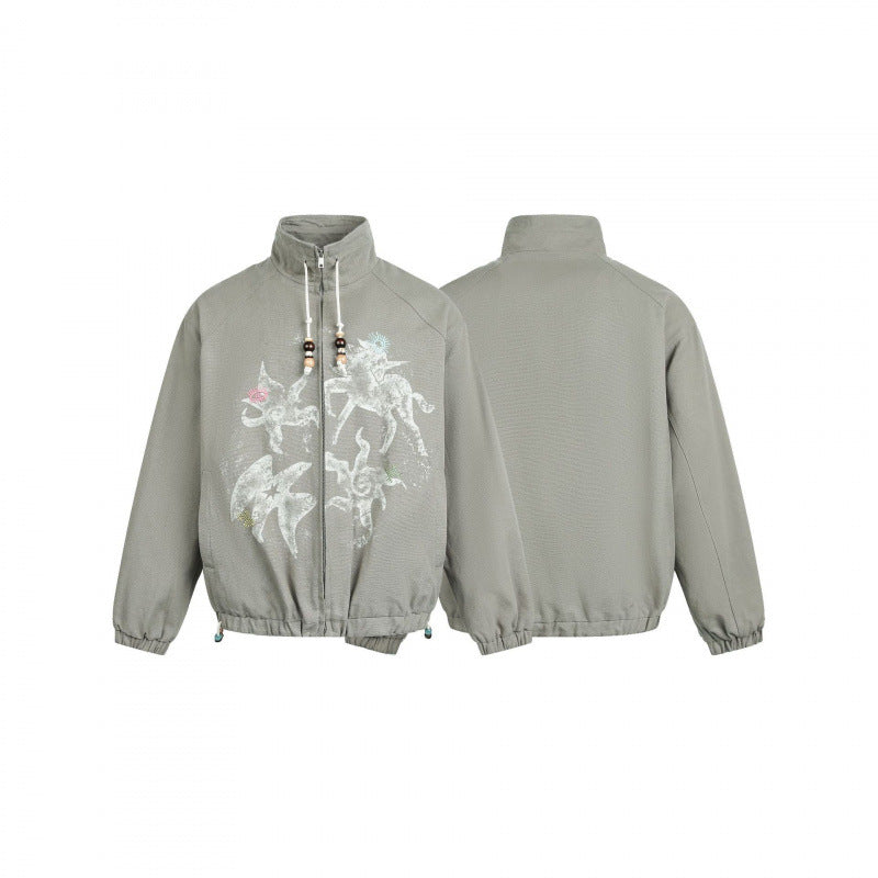 Women's lightweight bomber jacket made of cotton blend with stand-up collar, pearl cord, and mystical print Shop Velvia