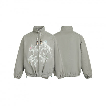 Women's lightweight bomber jacket made of cotton blend with stand-up collar, pearl cord, and mystical print Shop Velvia