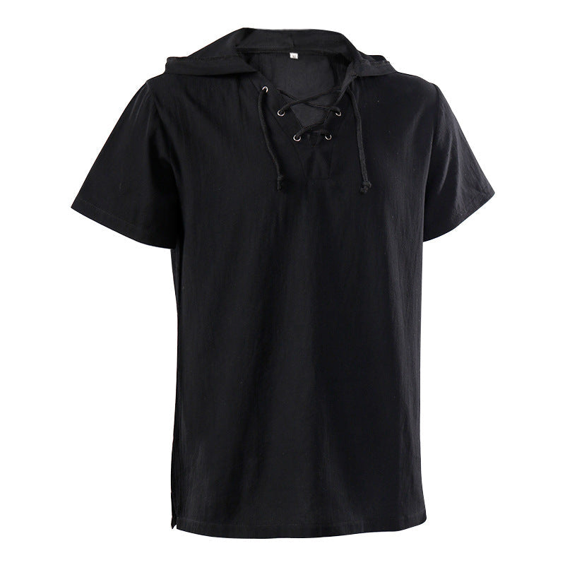 Men's casual short-sleeve shirt with laced V-neck, short stand-up collar, and soft cotton blend Shop Velvia