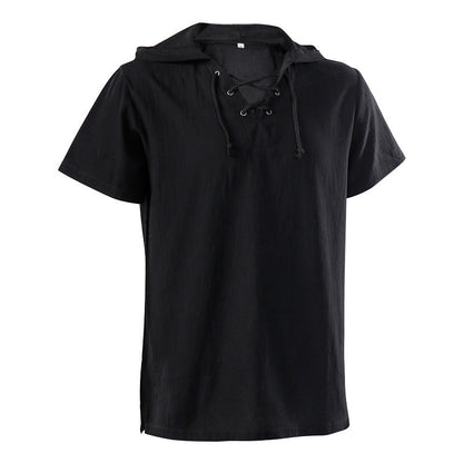 Men's casual short-sleeve shirt with laced V-neck, short stand-up collar, and soft cotton blend Shop Velvia