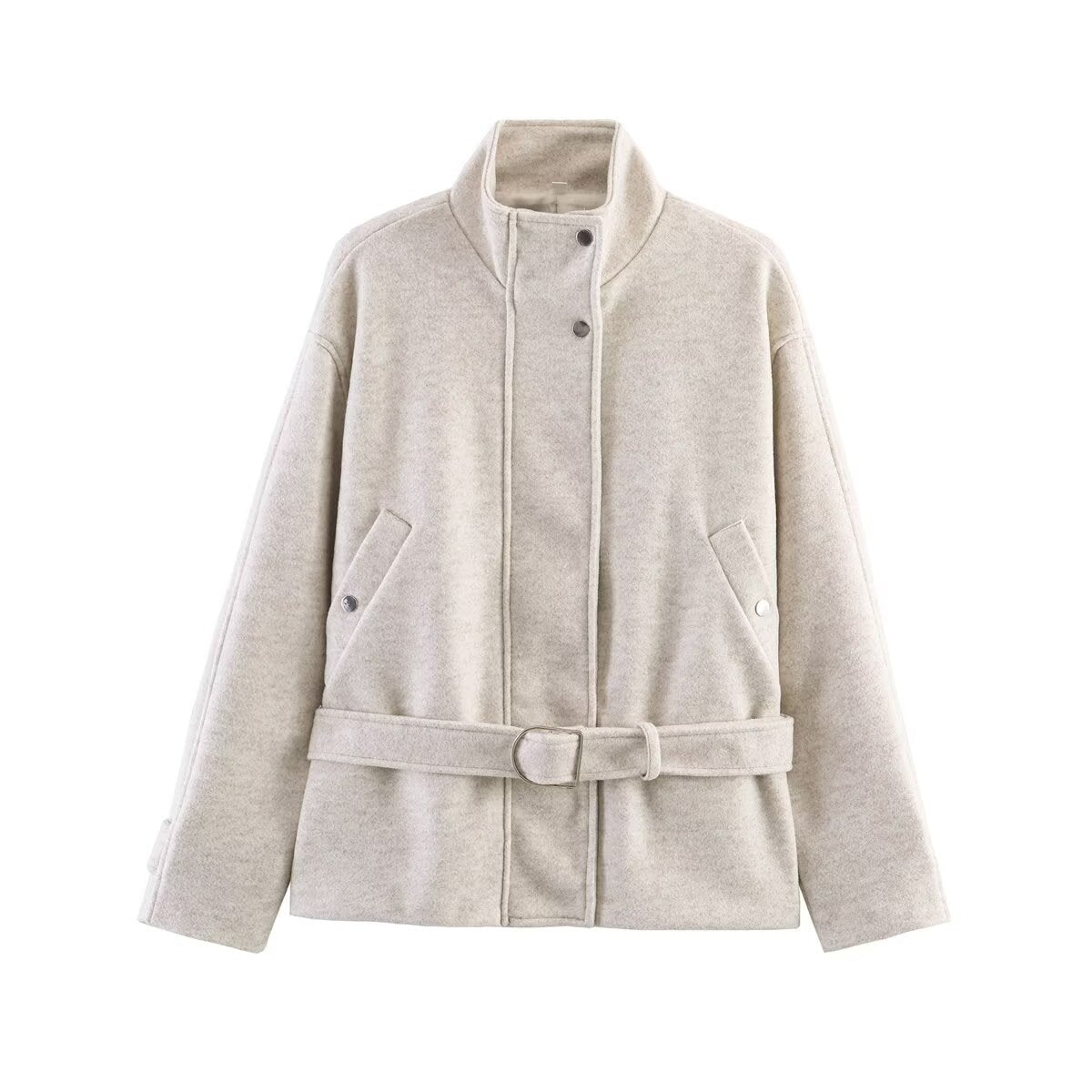 Women's Boxy Wool Jacket with Stand-Up Collar, Concealed Snap Button Placket and D-Ring Waist Belt Shop Velvia