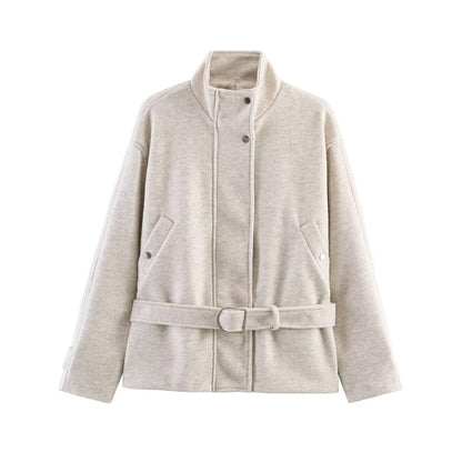Women's Boxy Wool Jacket with Stand-Up Collar, Concealed Snap Button Placket and D-Ring Waist Belt Shop Velvia