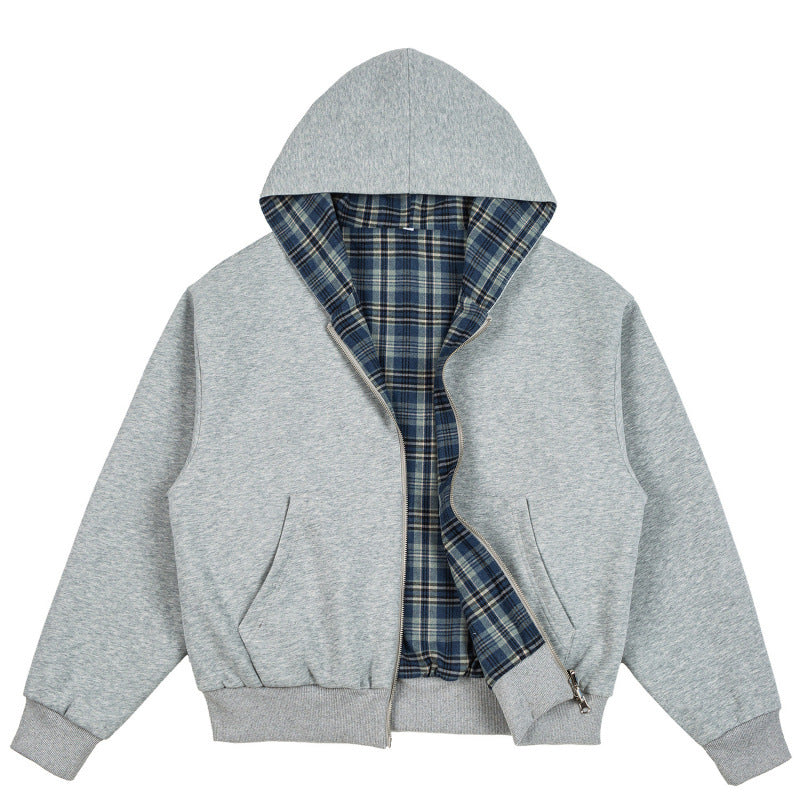 Unisex Padded Hoodie Bomber Jacket with Checkered Flannel Lining and Sturdy Zipper Shop Velvia