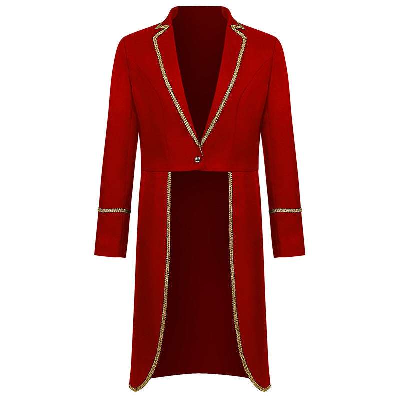 Men's elegant evening tailcoat with short front, curved swallowtail and gold decorative border Shop Velvia