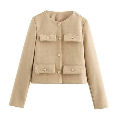 Women Short-Cut Boucle Blazer with Round Neckline, Four Flap Pockets and Gold Decorative Buttons Shop Velvia