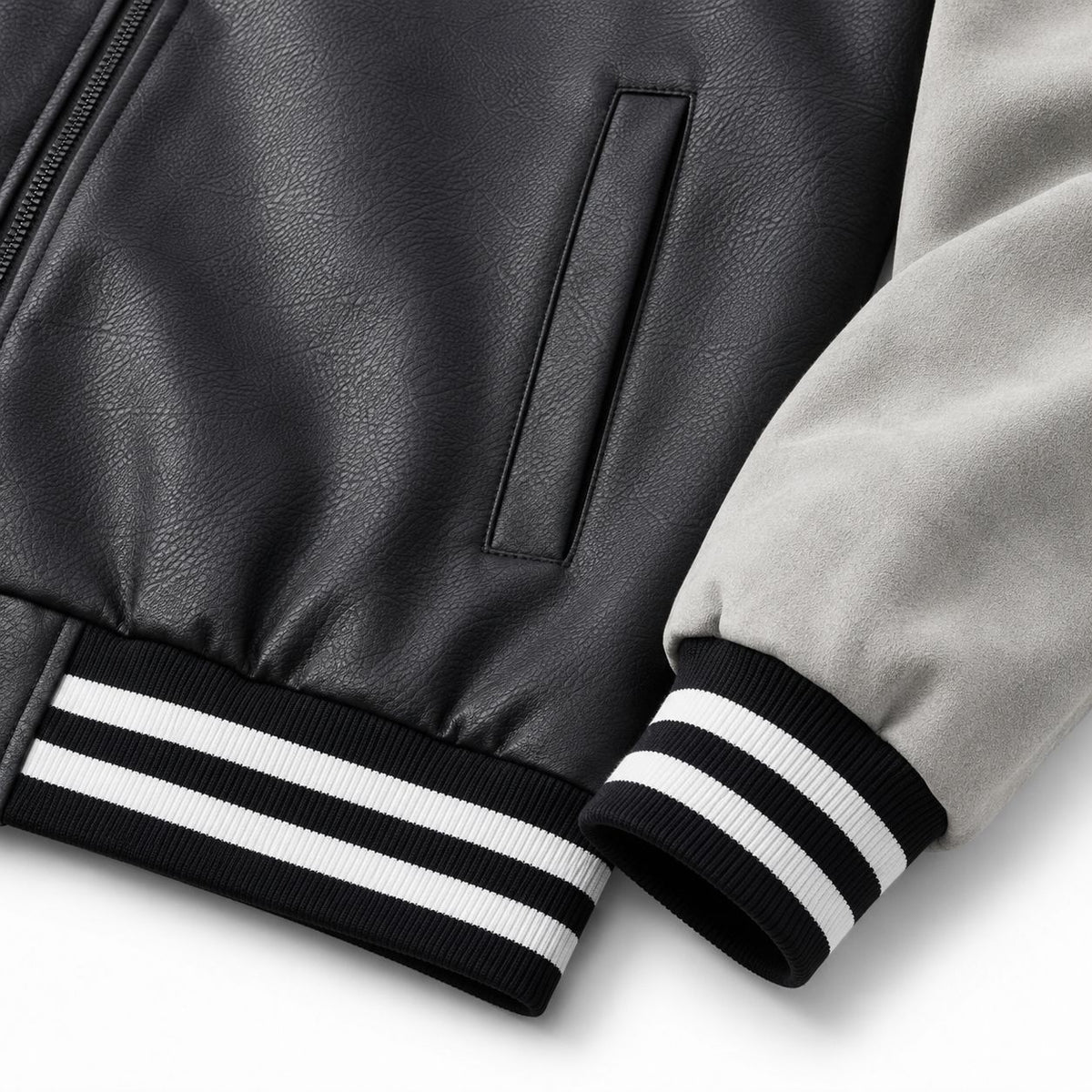Men's Retro Letterman Bomber with Smooth Faux Leather Body and Velvet Sleeve Detail Shop Velvia
