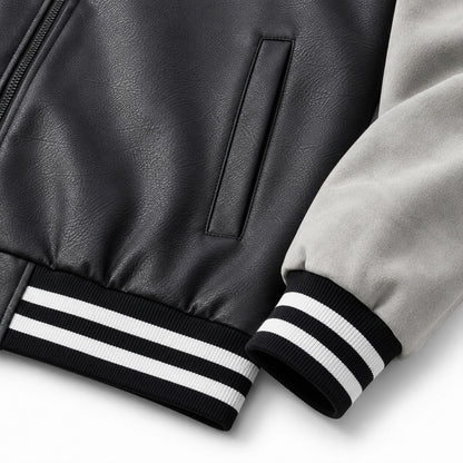 Men's Retro Letterman Bomber with Smooth Faux Leather Body and Velvet Sleeve Detail Shop Velvia