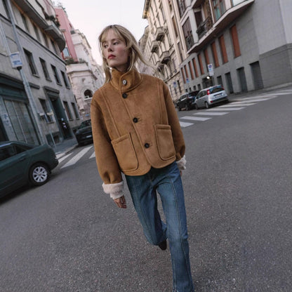 Women's Short Velour Jacket with Teddy Lining, High Stand-Up Collar and Patch Pockets Shop Velvia
