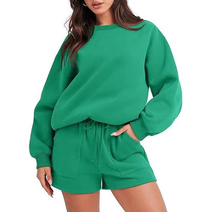Women's Casual Two-Piece Lounge Sweatset with Oversized Round Neck Sweatshirt and High-Waist Relax Shorts Shop Velvia