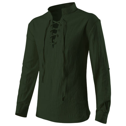 Men's casual short-sleeve shirt with laced V-neck, short stand-up collar, and soft cotton blend Shop Velvia