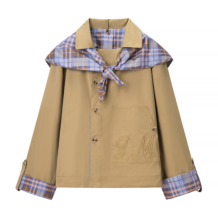 Women's short jacket with sailor collar and checked lining with tie scarf Shop Velvia