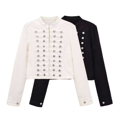Women’s denim jacket in military style with row buttons and stand-up collar Shop Velvia