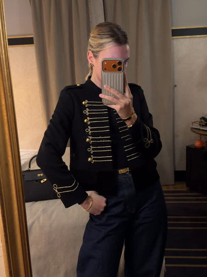 Ladies Short Cut Military Parade Jacket with Decorative Cords and Decorative Buttons Shop Velvia