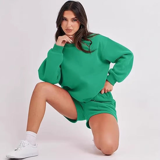 Women's Casual Two-Piece Lounge Sweatset with Oversized Round Neck Sweatshirt and High-Waist Relax Shorts Shop Velvia