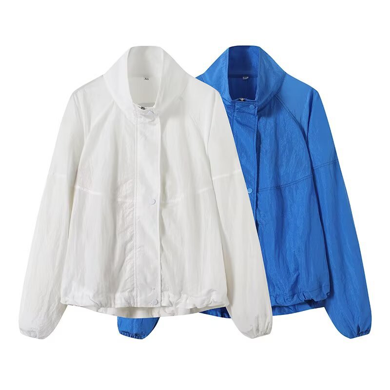 Women's Lightweight Wind and Travel Jacket with Stand Collar, Concealed Snap Placket and Drawstring Hem Shop Velvia
