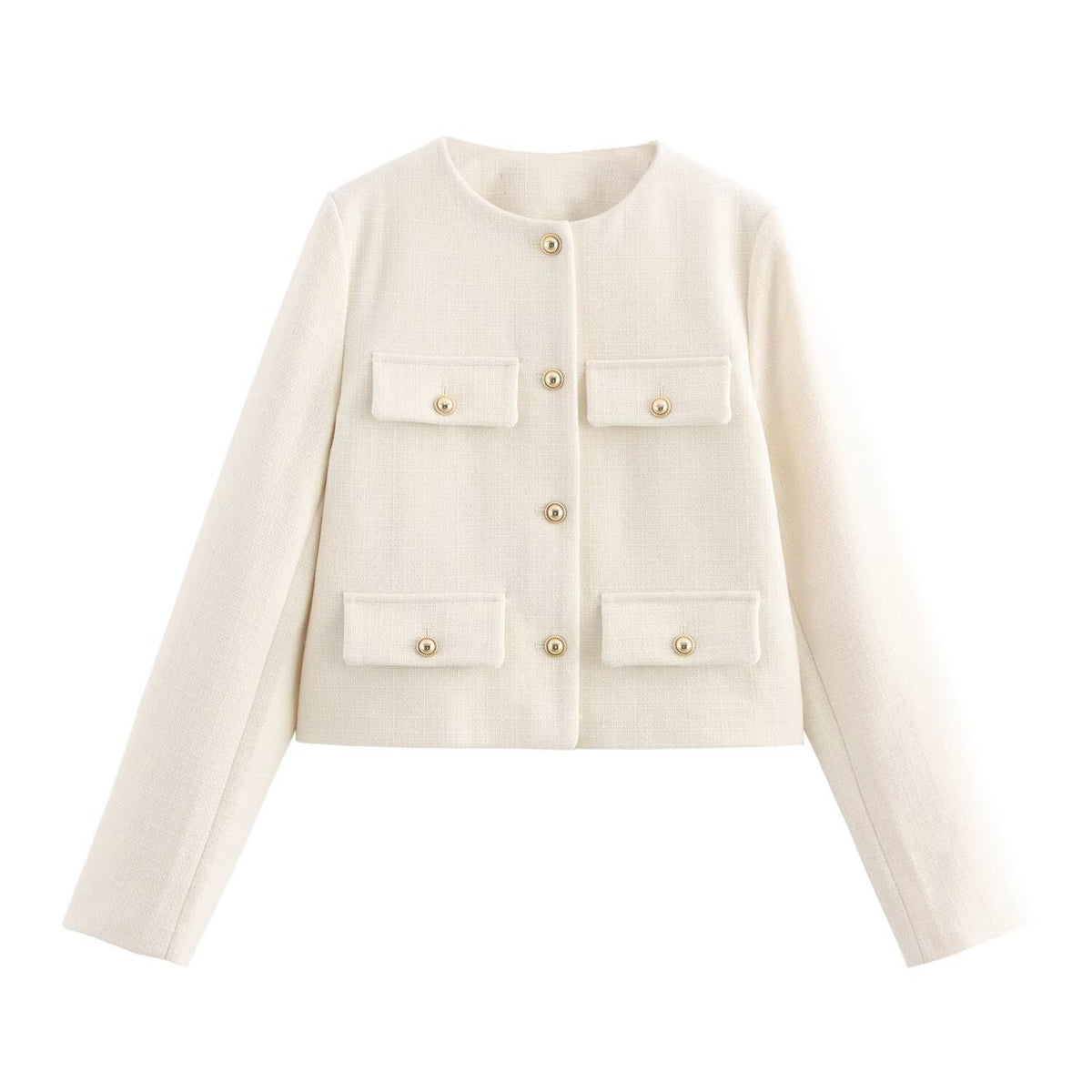 Women Short-Cut Boucle Blazer with Round Neckline, Four Flap Pockets and Gold Decorative Buttons Shop Velvia