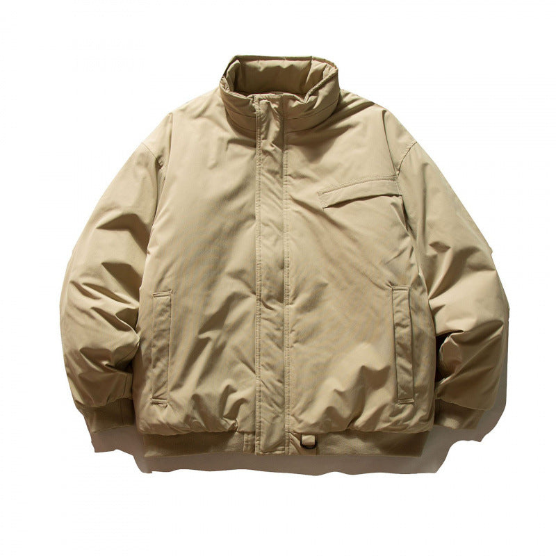 Unisex Boxy-padded transition jacket with high stand-up collar and utility pockets Shop Velvia