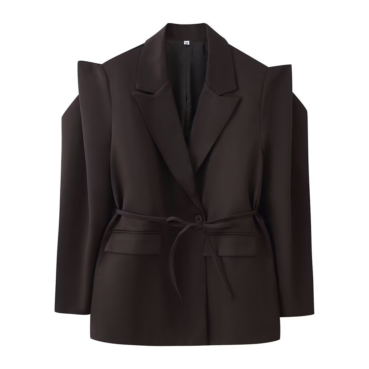 Women's blazer with shoulder cutouts, belted waist and single button closure Shop Velvia