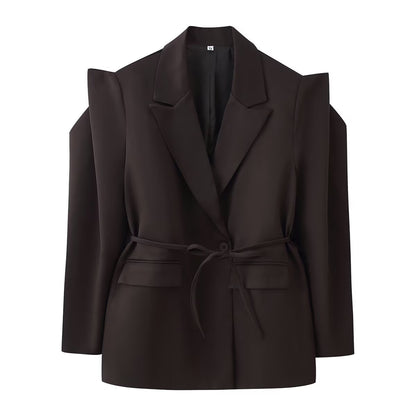 Women's blazer with shoulder cutouts, belted waist and single button closure Shop Velvia