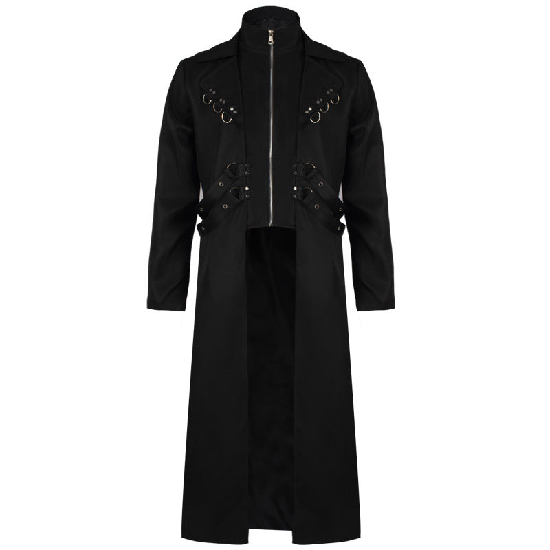 Men's long Gothic coat with integrated zipper inner jacket, decorative straps, and D-ring applications Shop Velvia