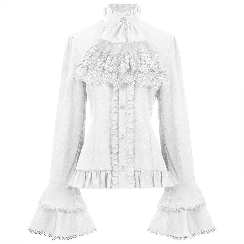 Women's Victorian lace blouse with ruffle jabot, tailored fit, and double-layer bell sleeves Shop Velvia