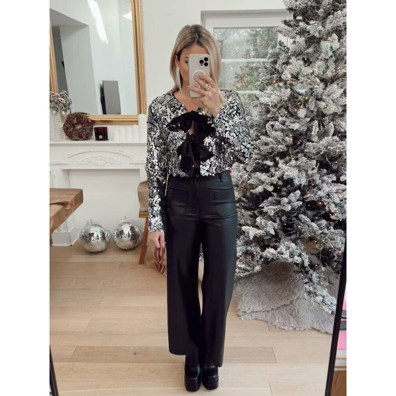 Ladies Short Cut Sequin Jacket with Double Tied Satin Bows Shop Velvia
