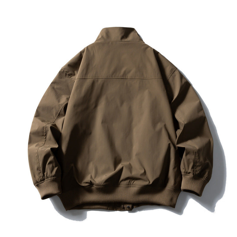 Men's Boxy Bomber Jacket with Stand-Up Collar, Concealed Snap Button Placket, and Elastic Ribbed Cuffs Shop Velvia