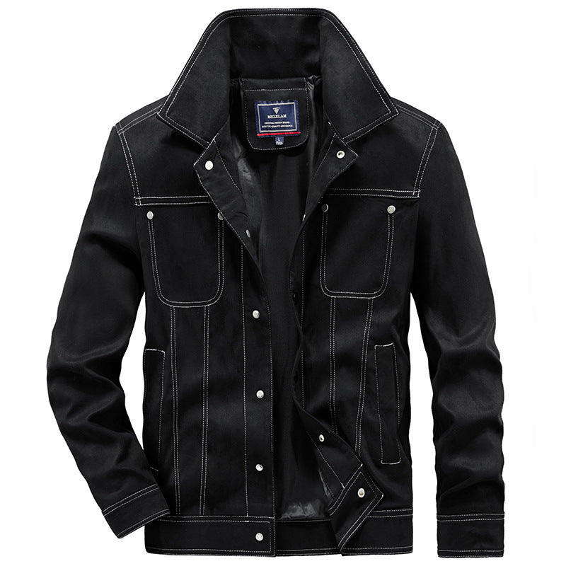 Men's suede trucker jacket with snap buttons and contrast stitching Shop Velvia