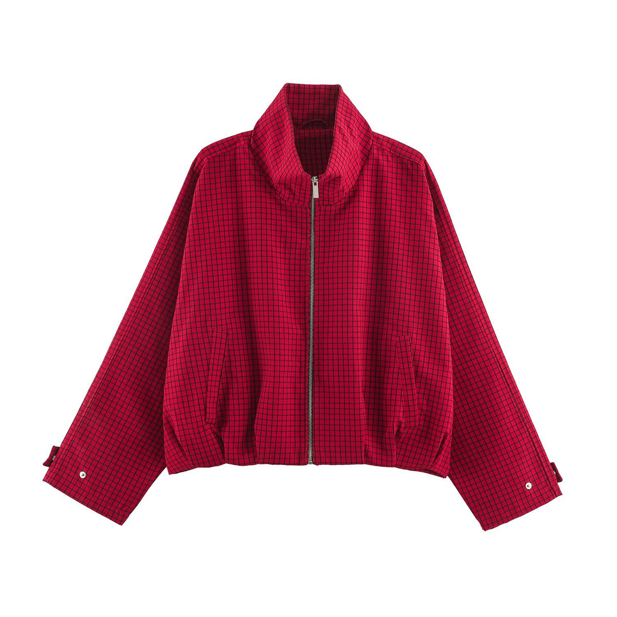 Women's short-cut boxy blouson with stand-up collar, check pattern and zipper Shop Velvia