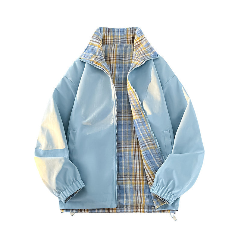Unisex Reversible Utility Jacket with checked lining, stand-up collar and elastic cuffs Shop Velvia