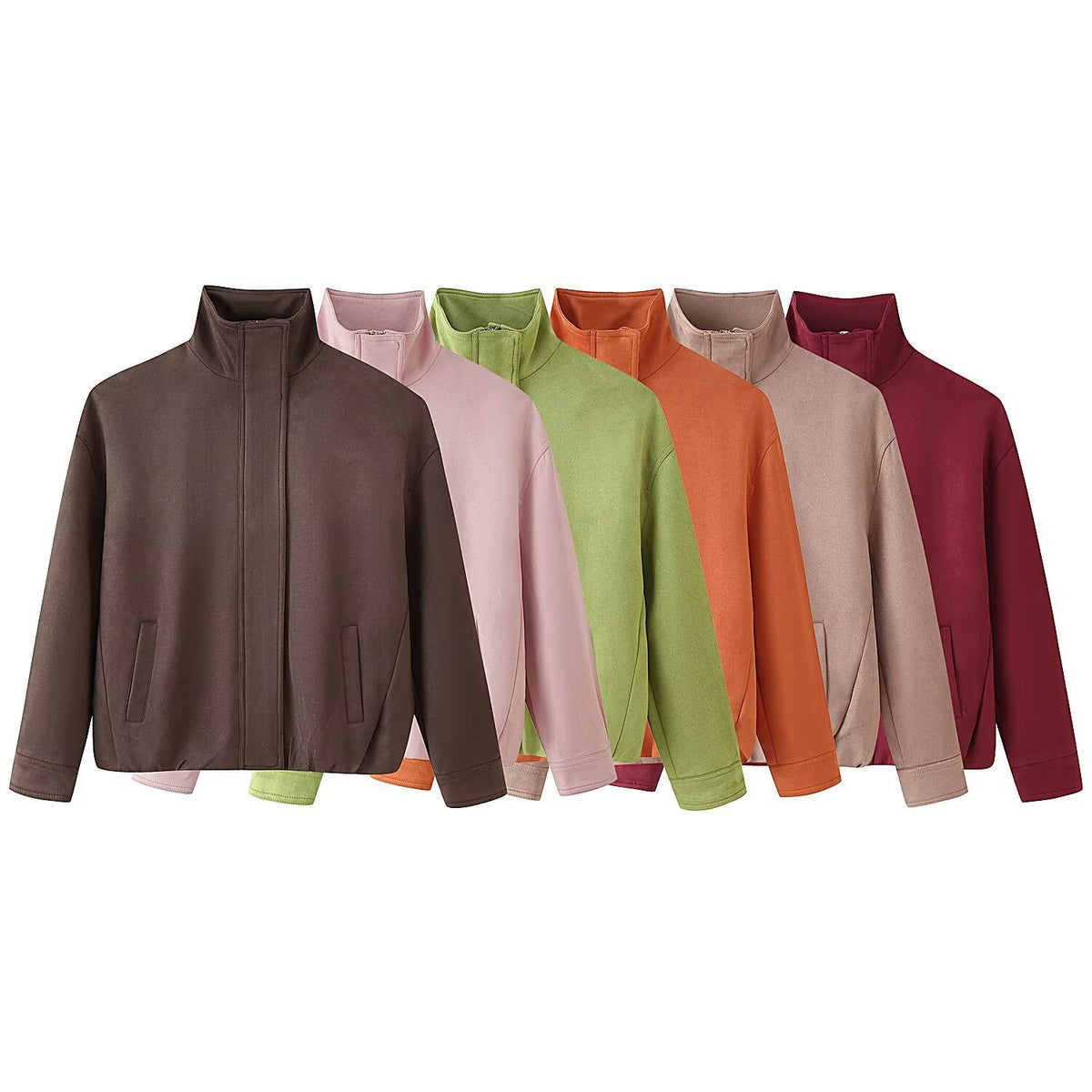 Women's Boxy Short Jacket with High Stand Collar, Concealed Front Placket and Jetted Pockets Shop Velvia