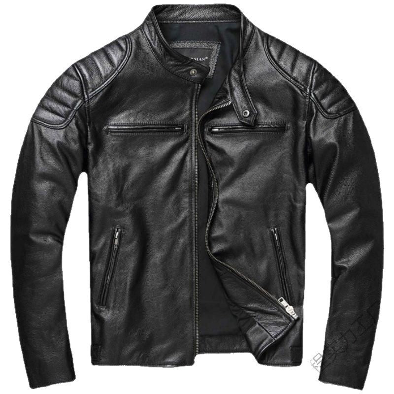 Men's leather jacket in vintage biker style with chest pockets and zipper Shop Velvia