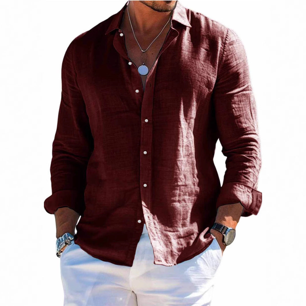 Men's structured linen shirt with open collar, lightweight texture and casual-tailored fit Shop Velvia