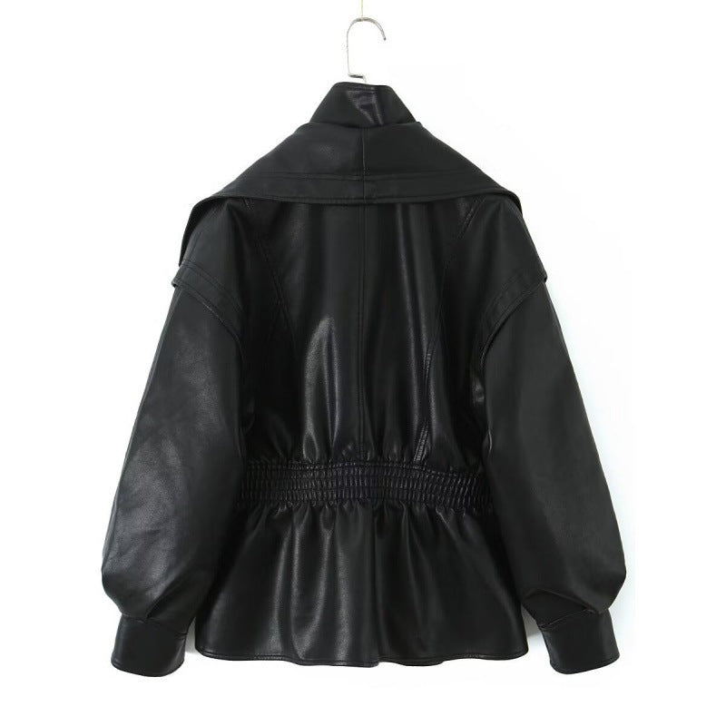 Women's Faux Leather Jacket with Wide Shawl Collar and Gathered Waistband Shop Velvia