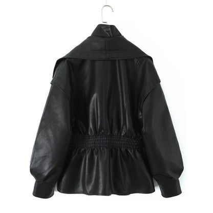 Women's Faux Leather Jacket with Wide Shawl Collar and Gathered Waistband Shop Velvia