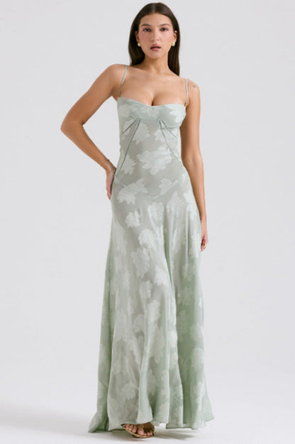 Women's figure-hugging maxi dress with bodice construction and spaghetti straps