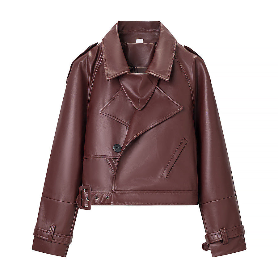Ladies short cut biker jacket made of faux leather with asymmetrical front and waist belt Shop Velvia