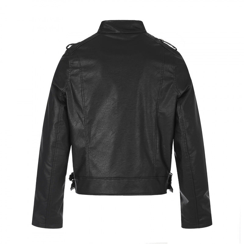 Unisex Short Cut Studded Leather Jacket in Biker Style with Stand-Up Collar, Zipper Sleeves and Waist Strap Shop Velvia