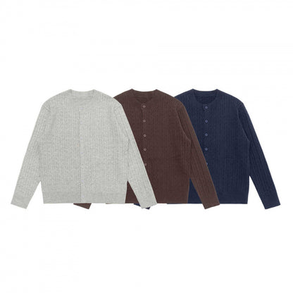 Unisex Short-cut Braid Knit Cardigan with Round Neck and Pearlescent Buttons Shop Velvia