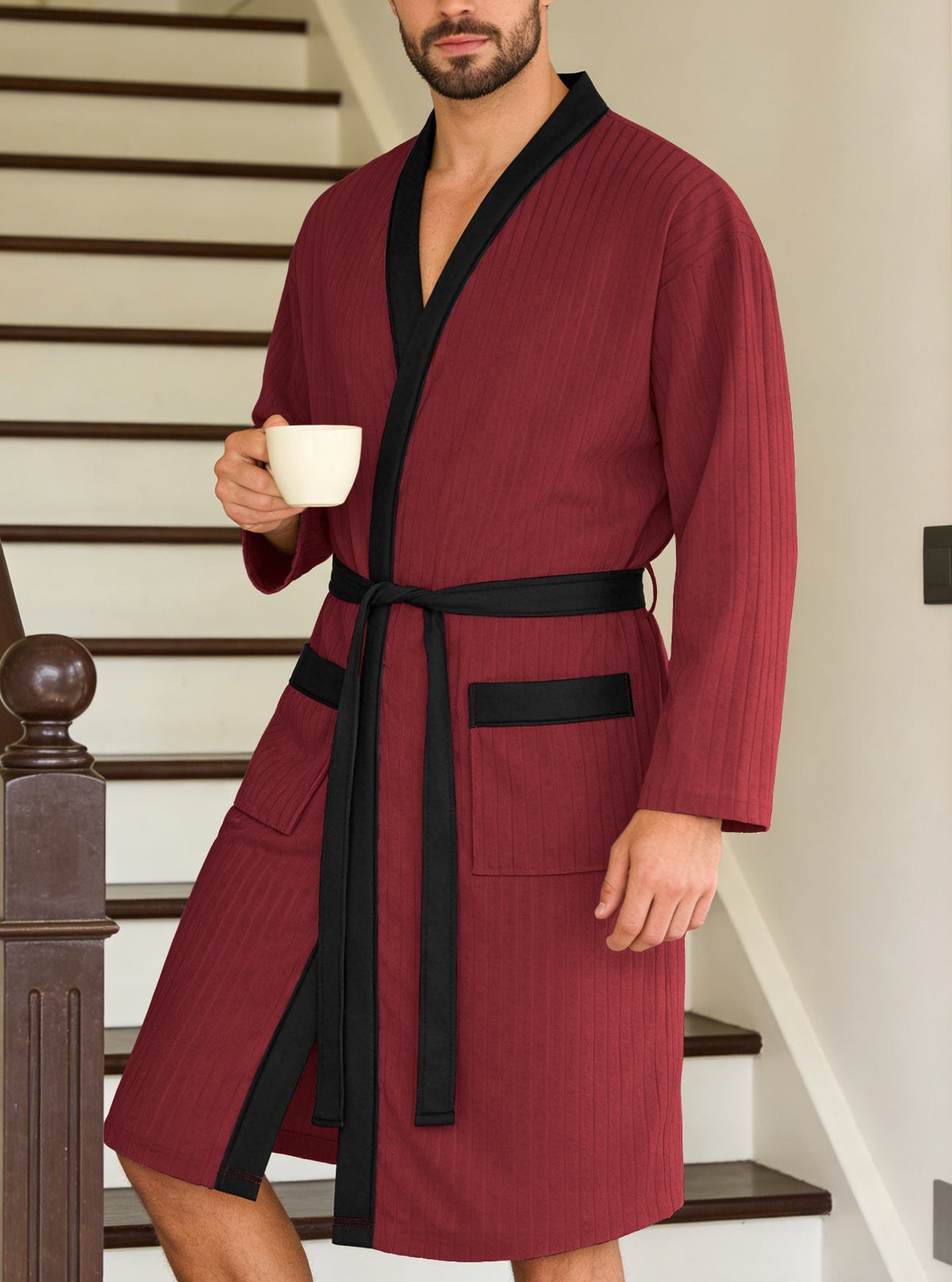 Men's lightweight cotton kimono bathrobe with waffle texture and patch pockets Shop Velvia
